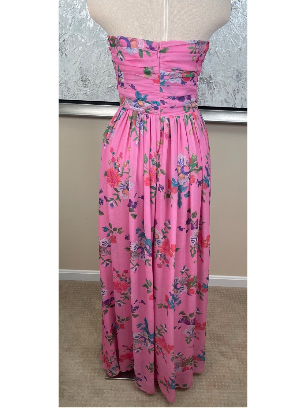 SAU LEE Camille Strapless Floral Ruched Pink Maxi Dress Size 6 - Picture 9 of 11